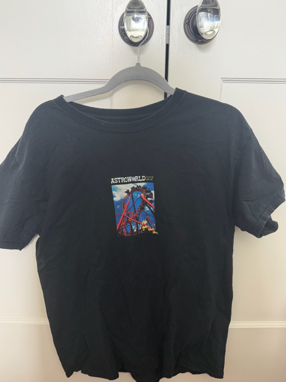 Travis Scott Black Astroworld Short Sleeve Tee with Red and Blue Graphic